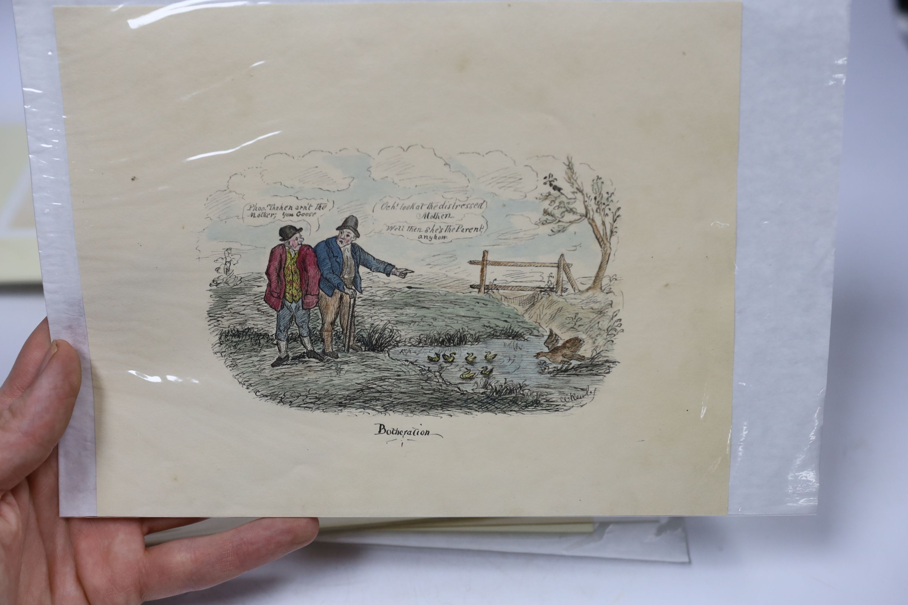 W. Kewley, thirteen pen & ink sketches on paper/card, humorous caricatures including ‘The Better Half’, ‘A Drop of Comfort’ and ‘September Cockney Sportsmen, some signed, unframed, largest 17.5 x 21.5cm